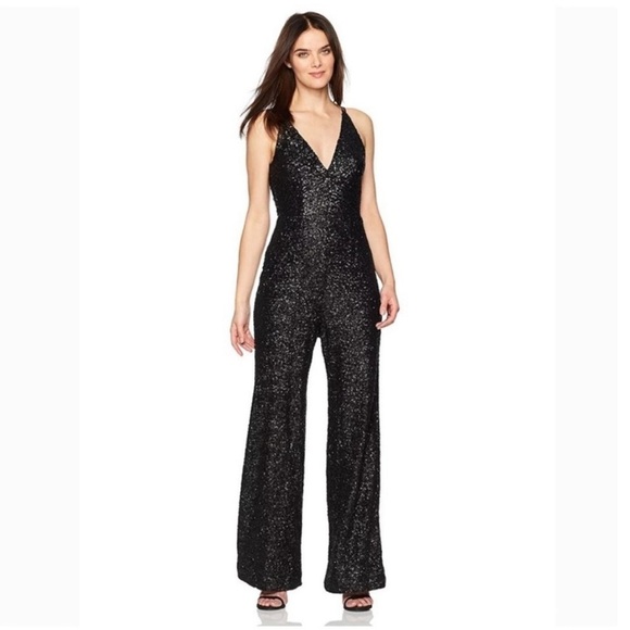 Dress the Population Pants - Dress the Population Charlie Black Sequin Sequined Flare Leg Jumpsuit Romper 3X